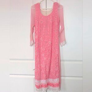 Pink Floral Indian Suit with Lace & Sheer Sleeves- XS New